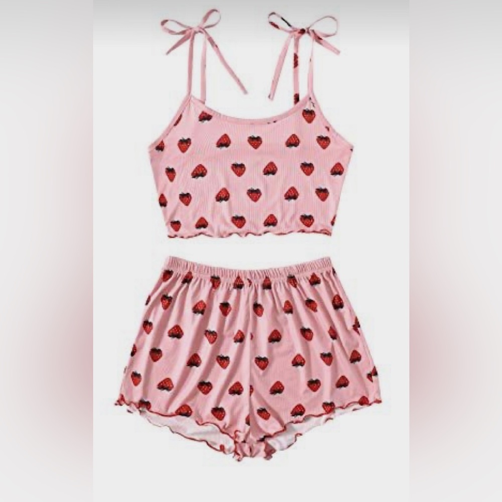 NWOT Strawberry Print Pink PJ Set